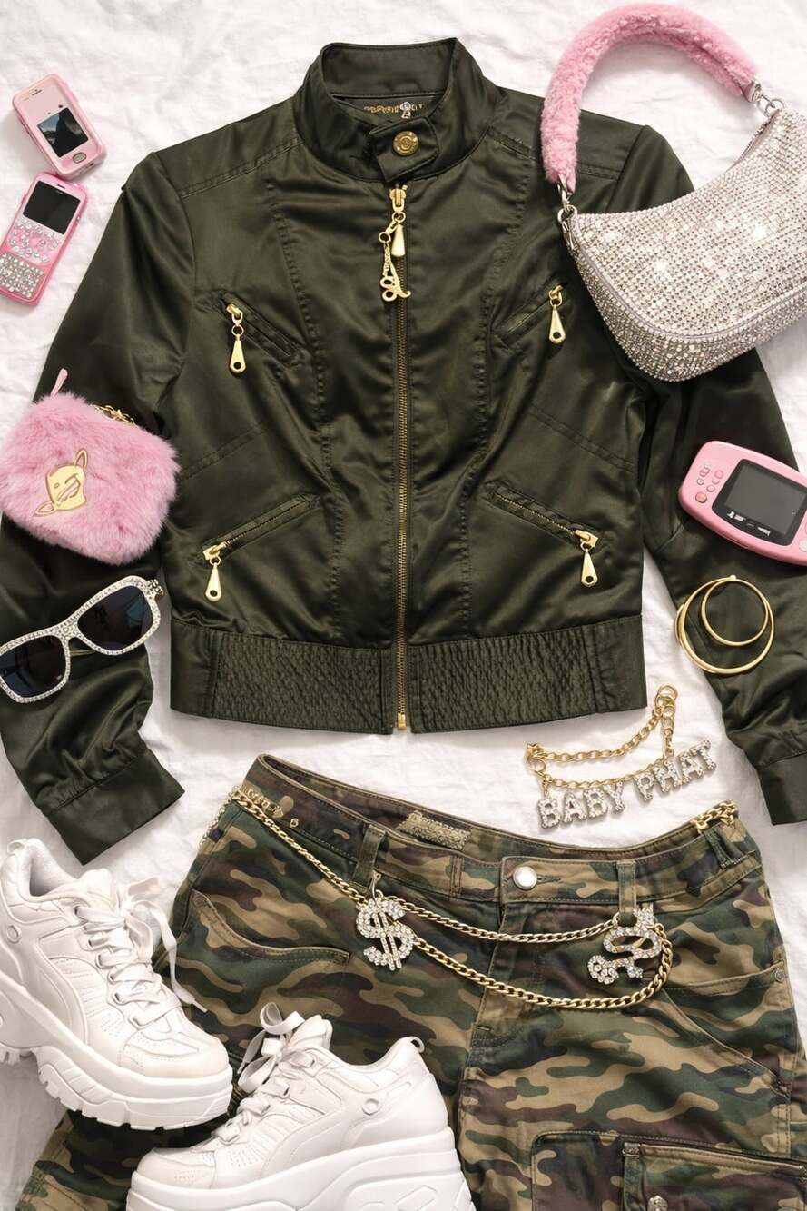 Baby Phat Olive Green Satin Y2K Bomber Jacket with Gold Hardware